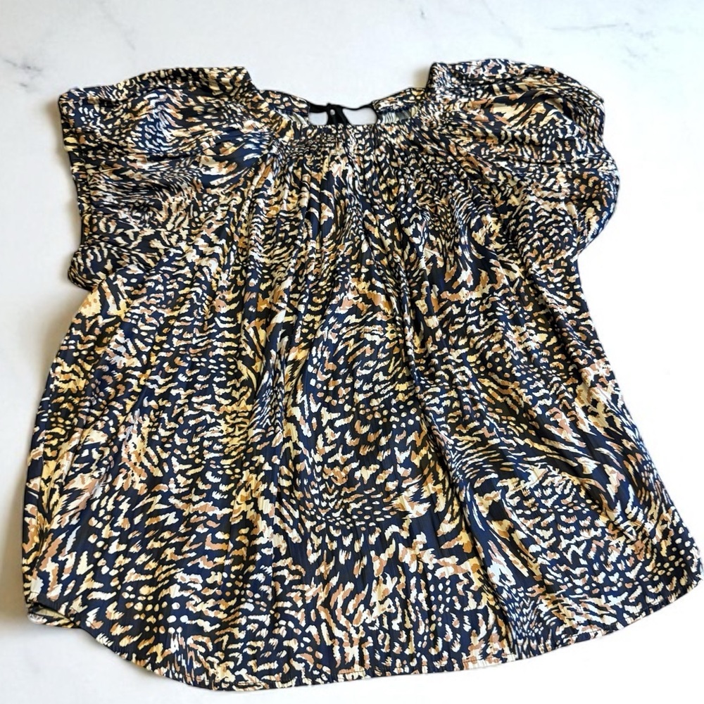 Anthropologie Printed Top Short Sleeve Neck Ties Loose Fit Pleated Tan Navy XL